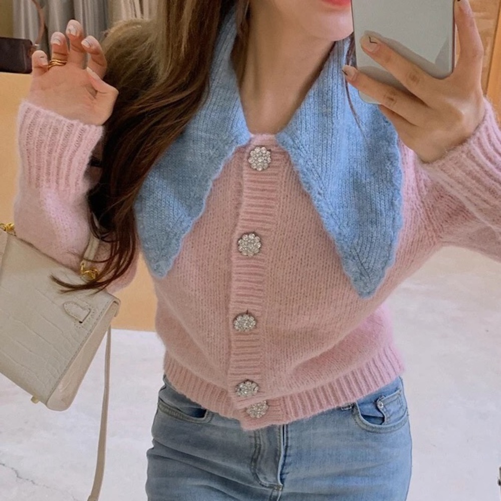 Cardigan sweater stone button pink blue collar short sweater knit - Picture 3 of 11